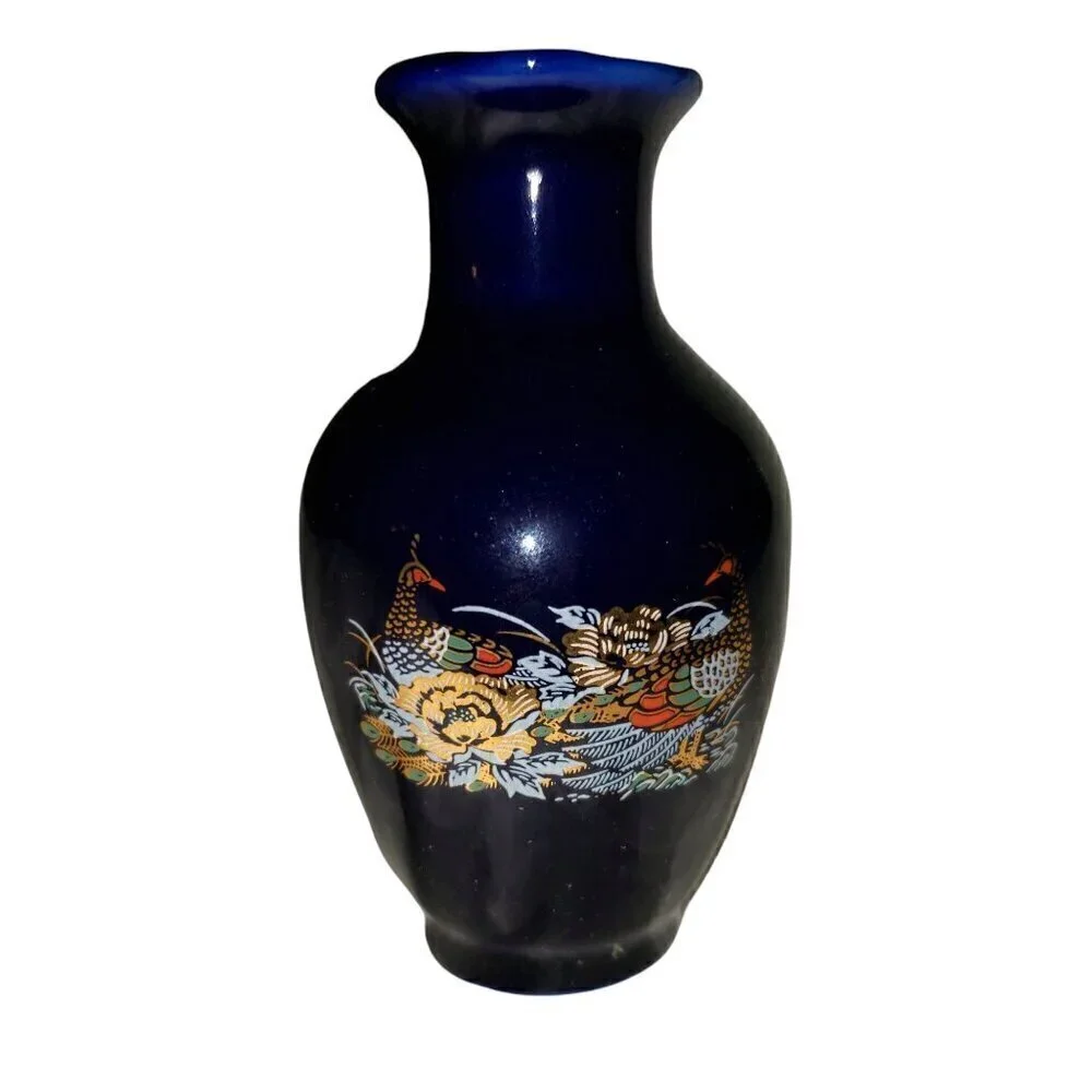 Vtg Peacock Floral Designed Japanese Cobalt Blue Porcelain Mini Vase Pot 3.5